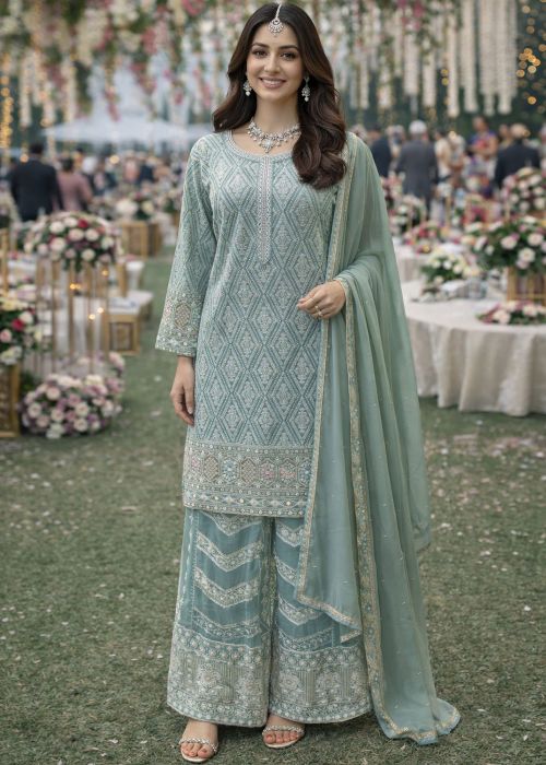 Pastel Blue Georgette Palazzo Suit With Embroidery