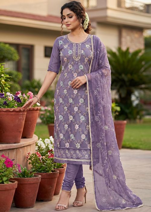 Lavender Organza Suit With Floral Embroidery