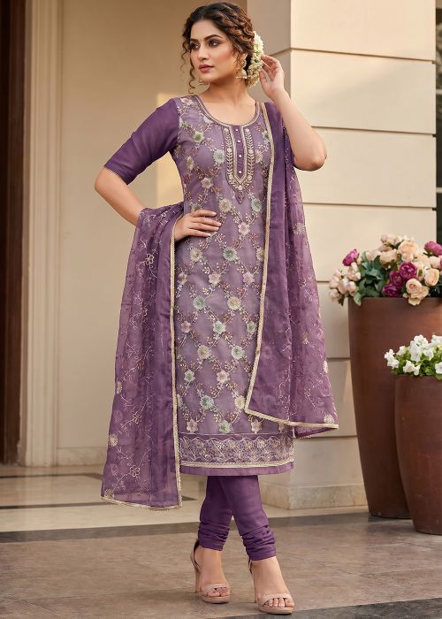 Purple Organza Suit With Cutbeads Embroidery
