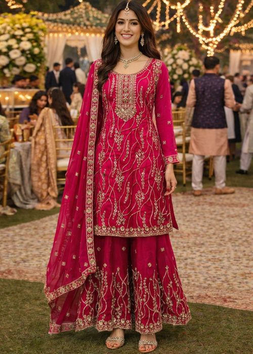 Pink Art Silk Sharara Suit With Beadwork