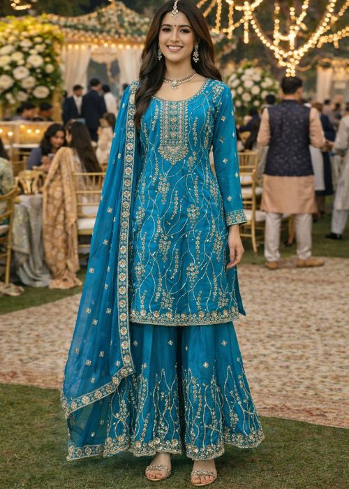 Blue Art Silk Sharara Suit With Sequins Work