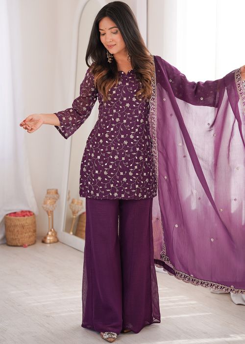 Purple Silk Palazzo Suit With Sequin Embroidery