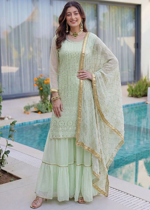 Pastel Green Georgette Embroidered Sharara Suit