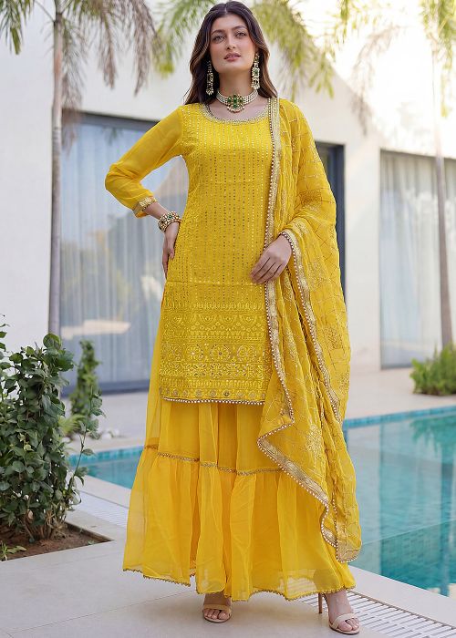 Mustard Yellow Sharara Suit With Sequins Work