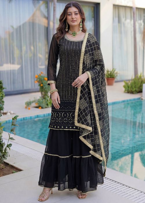 Black Georgette Sharara Suit With Gold Embroidery