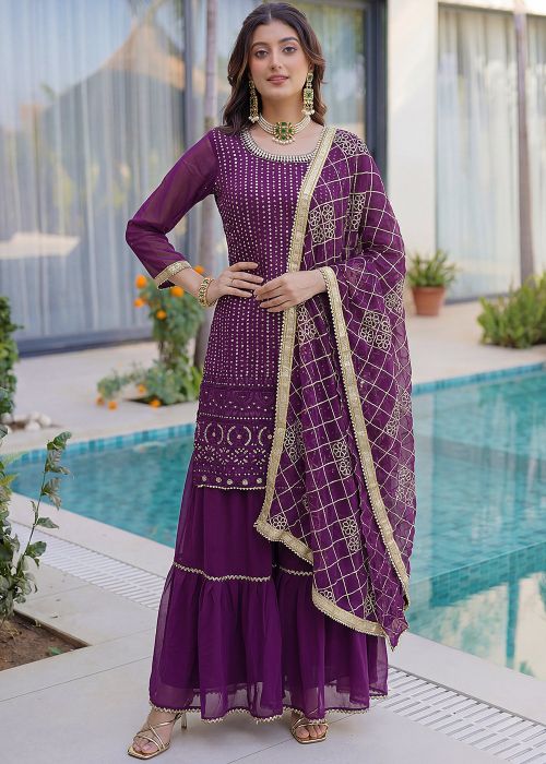Deep Purple Georgette Embroidered Sharara Suit