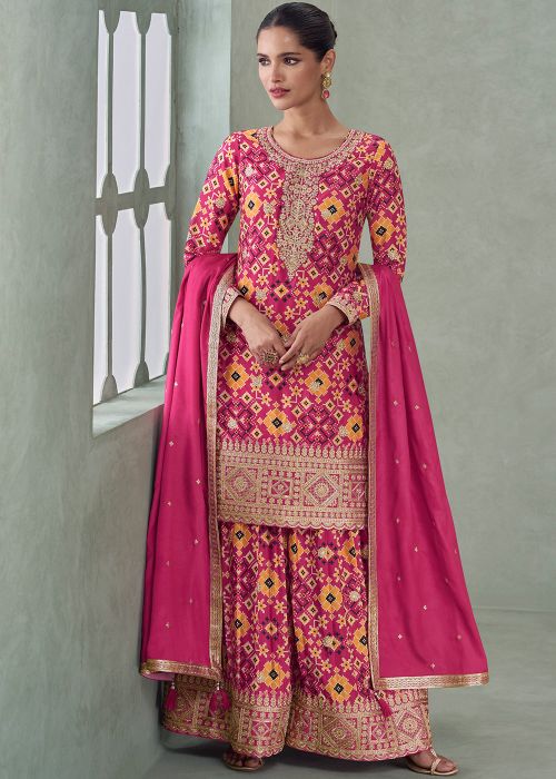Pink Chiffon Sharara Suit With Bandhej Print