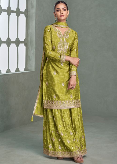 Green Chiffon Sharara Suit With Zari Work