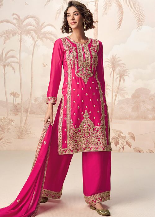 Pink Chiffon Palazzo Suit with Zari Embroidery