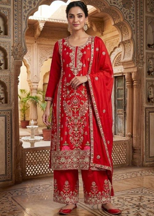 Red Chiffon Palazzo Suit With Dori Embroidery