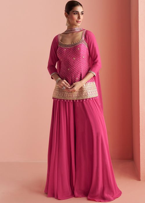 Pink Chiffon Sharara Suit With Gota Work