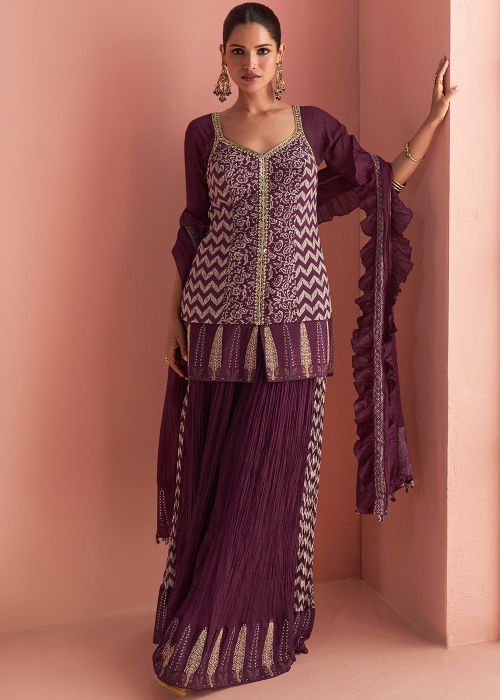 Purple Chiffon Sharara Suit With Thread Embroidery