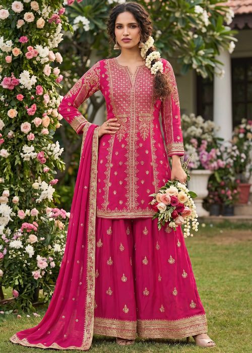 Rani Pink Chiffon Sharara Suit With Embroidery