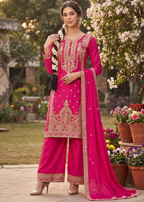 Pink Chiffon Palazzo Suit With Zari Work