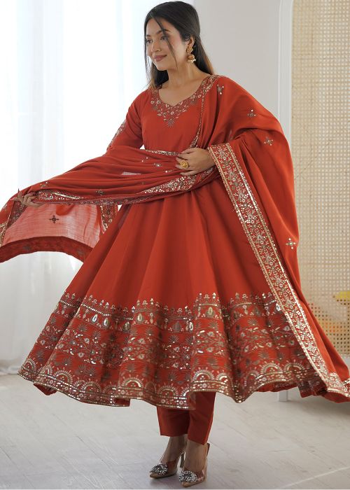Rust Orange Anarkali Suit With Embroidered Dupatta
