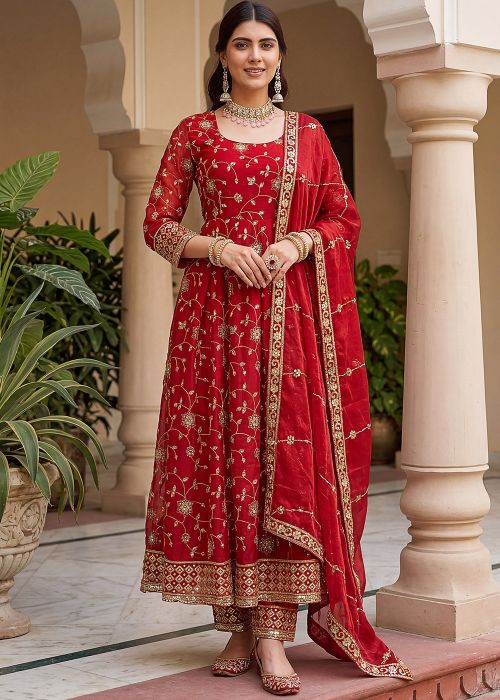 Red Anarkali Suit With Sequins Embroidery