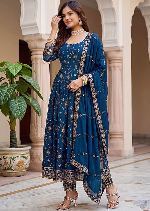 Navy Blue Anarkali Suit With Thread Work