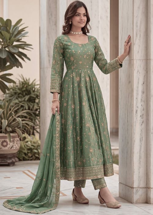 Pastel Green Anarkali Suit With Dori Embroidery