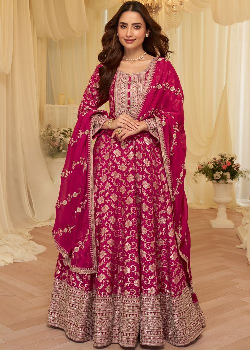 Magenta Anarkali Suit With Floral Woven Work