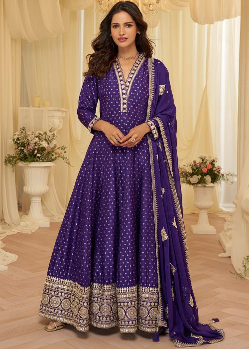 Purple Viscose Anarkali Suit With Woven Design