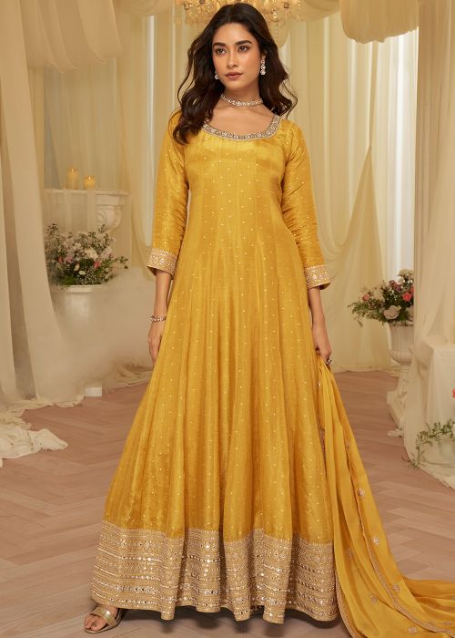 Yellow Viscose Anarkali Suit With Border Work