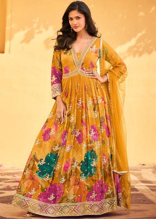 Mustard Chiffon Anarkali Suit With Floral Print