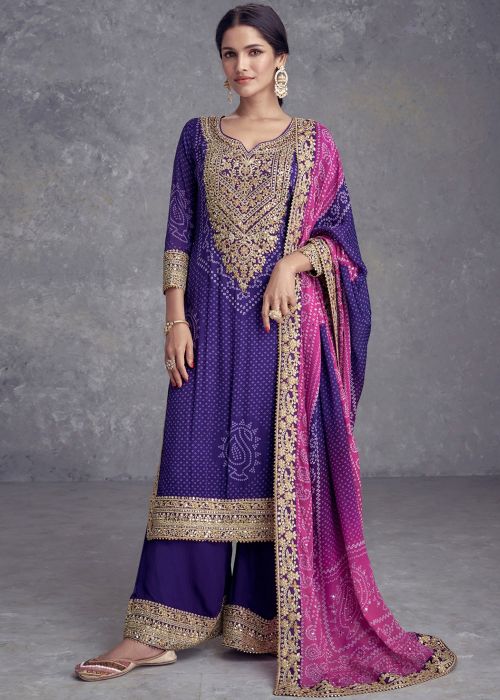 Purple Chiffon Palazzo Suit With Zari Work