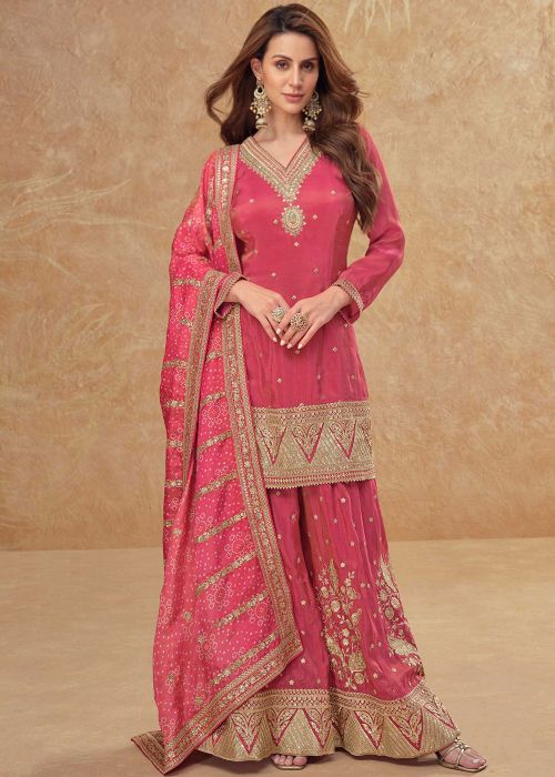 Pink Shimmer Sharara Suit With Zari Work