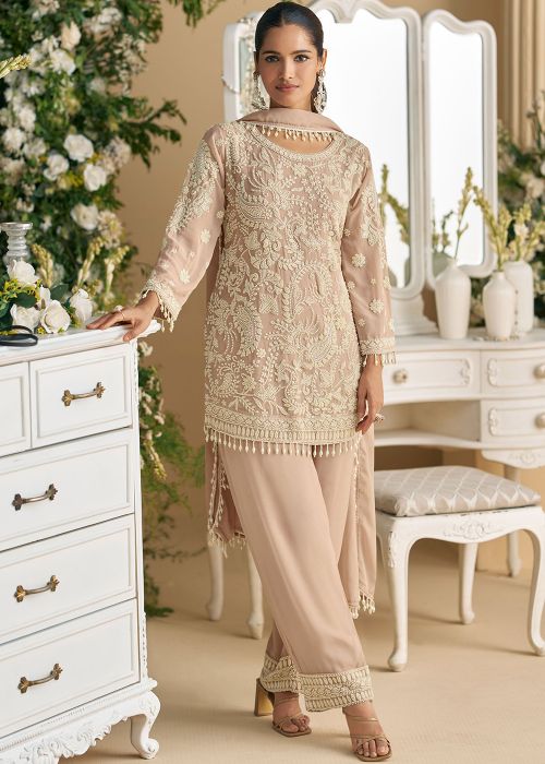 Beige Georgette Pant Suit With Bead Work
