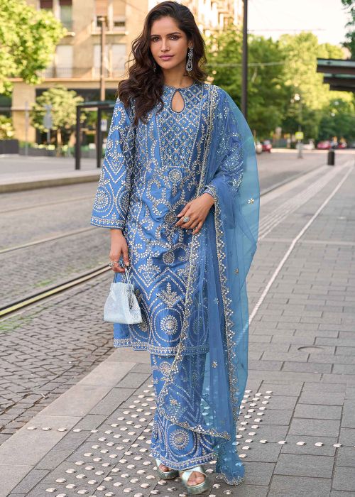 Blue Shimmer Palazzo Suit With Mirror Work