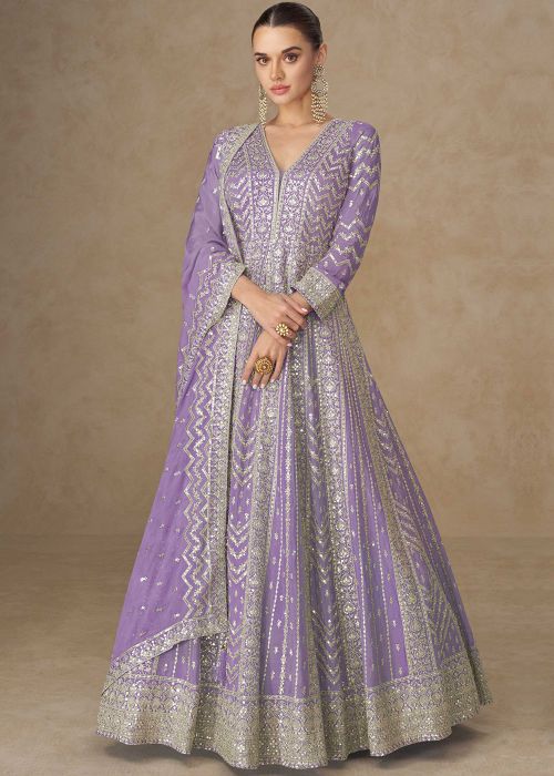 Blue Chiffon Anarkali Suit With Zari Work