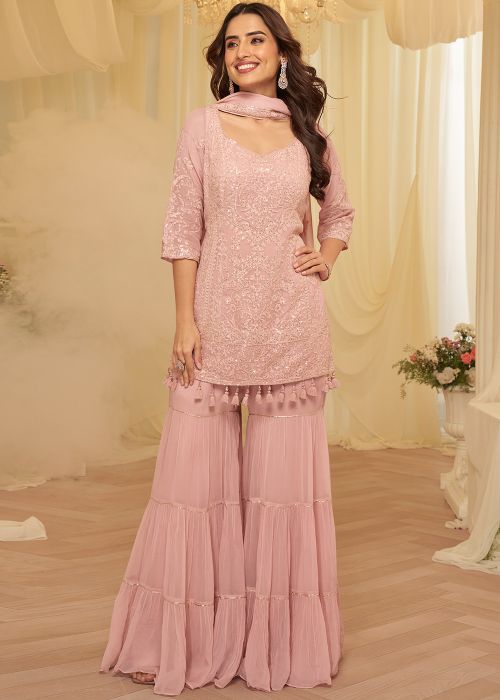 Pink Georgette Sharara Suit With Sequins Work