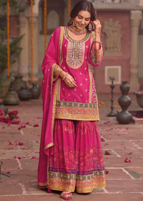 Pink Chiffon Sharara Suit With Zari Accent