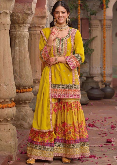 Yellow Chiffon Sharara Suit With Digital Print