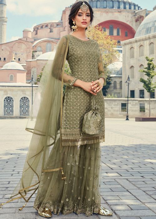 Green Net Sharara Suit With Zari Embroidery