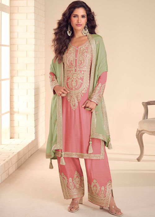 Peach Chiffon Palazzo Suit With Thread Work