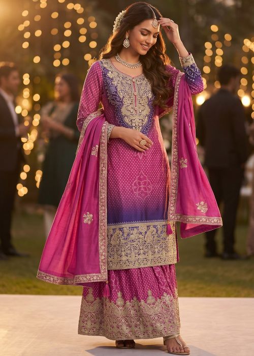 Pink Chiffon Sharara Suit With Bandhej Print