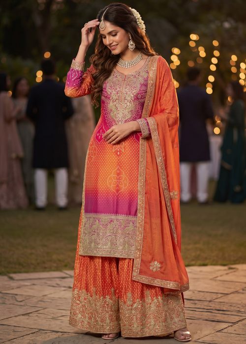 Orange Chiffon Sharara Suit With Zari Work