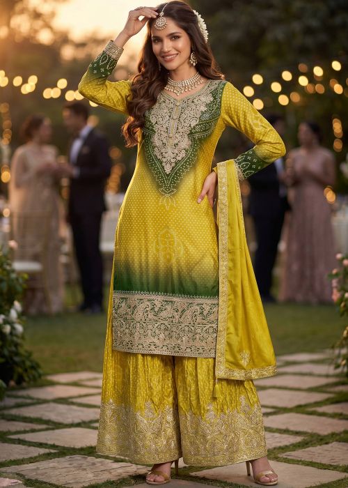 Yellow Chiffon Sharara Suit With Bandhej Print
