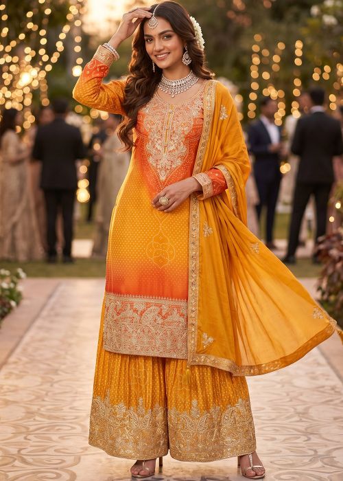 Mustard Yellow Orange Chiffon Sharara Suit With Zari