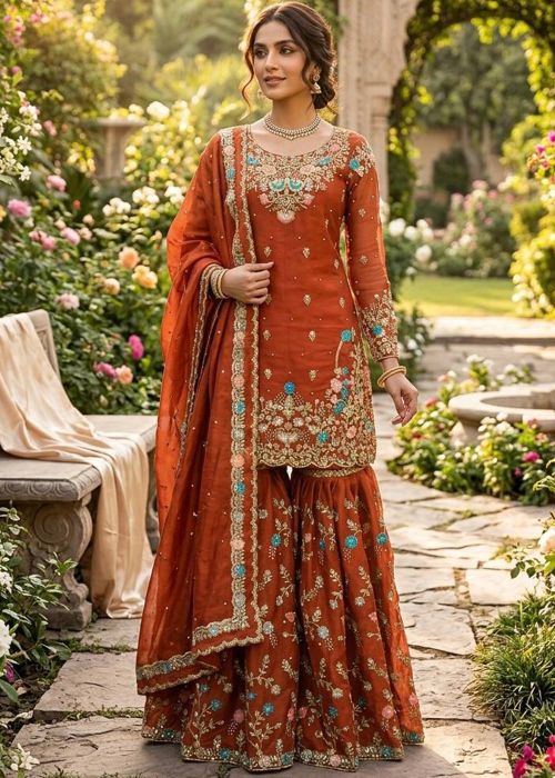 Rust Orange Art Silk Sharara Suit With Zari Work