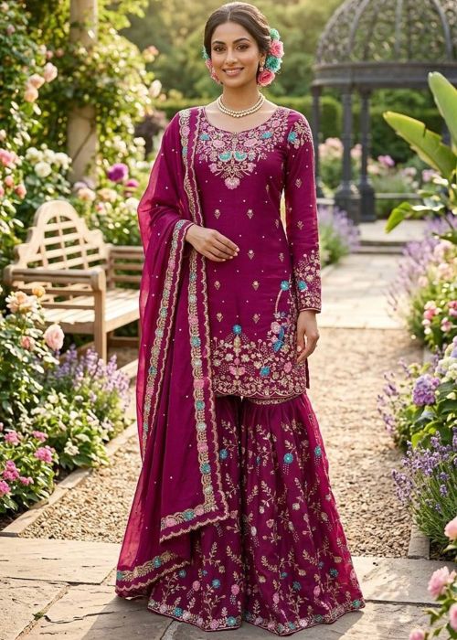 Magenta Art Silk Sharara Suit With Floral Work