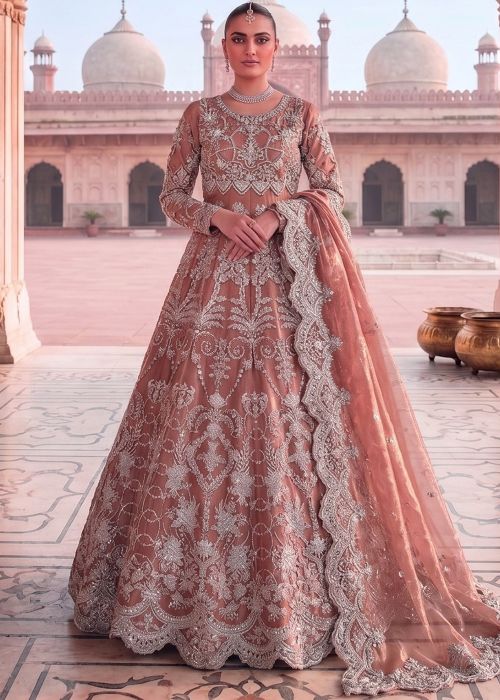 Peach Net Anarkali Suit with Stone Embroidery