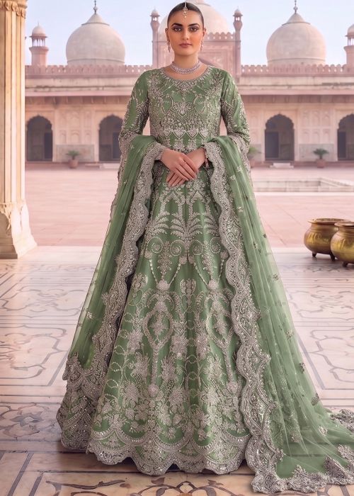 Green Net Anarkali Suit with Dori Embroidery