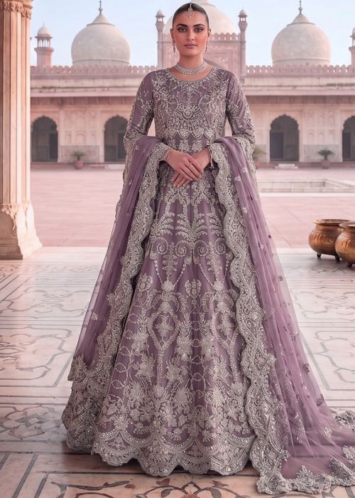 Purple Net Anarkali Suit with Thread Embroidery