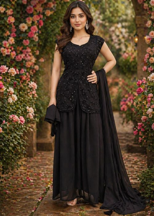 Black Georgette Palazzo Suit With Sequins