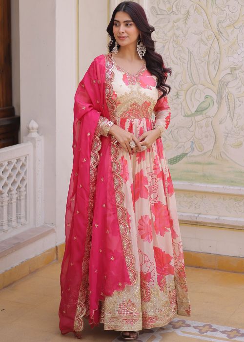 Pink Art Silk Anarkali Suit With Floral Print
