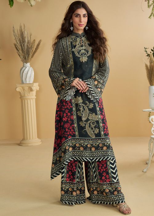 Black Crape Palazzo Suit With Floral Print