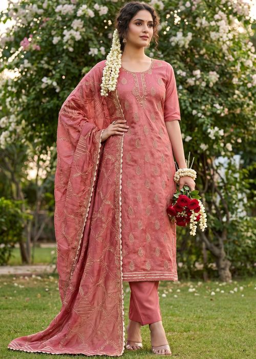 Dusty Pink Cotton Suit With Woven Motifs