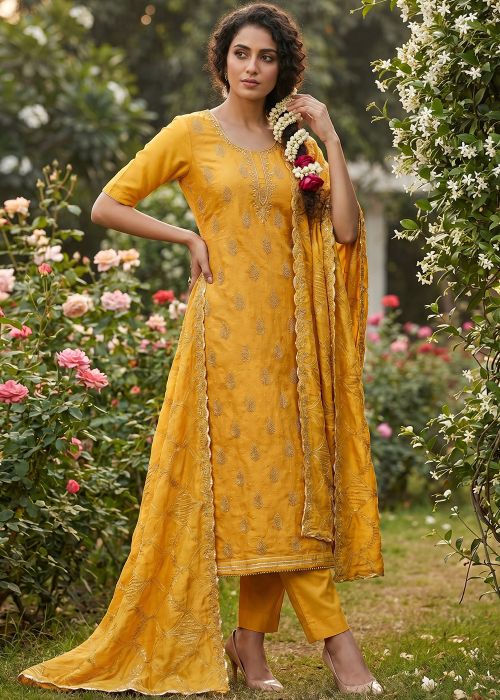 Yellow Cotton Suit With Handwork Dupatta